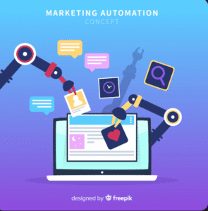 Marketing automation workflow showing email, CRM, and analytics tools connected