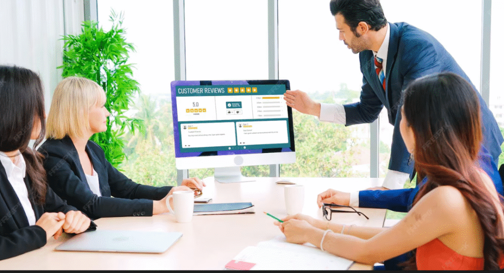 Review the management dashboard showing customer ratings