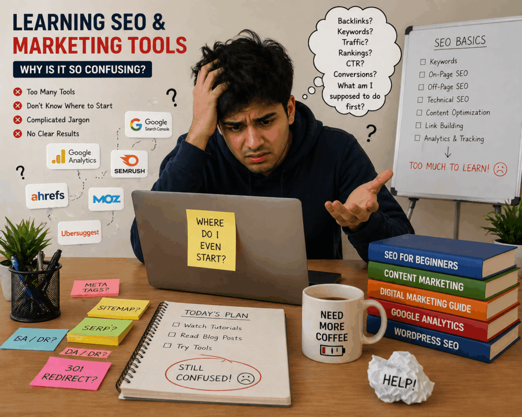 beginner struggling with SEO and marketing tools