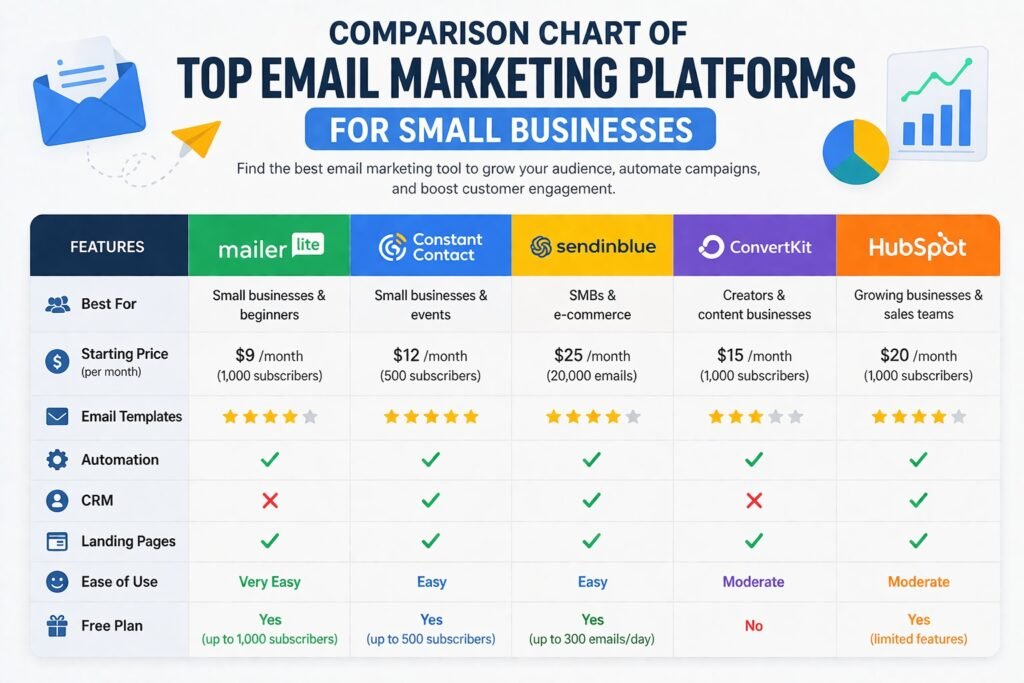 Comparison chart of top email marketing platforms for small businesses