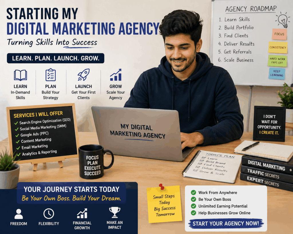 student starting digital marketing agency from laptop