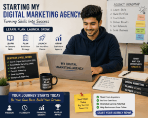 student starting digital marketing agency from laptop