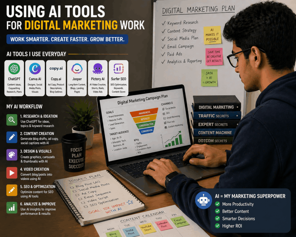 student using AI tools for digital marketing work