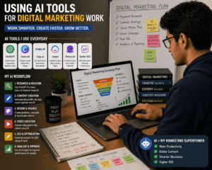 student using AI tools for digital marketing work