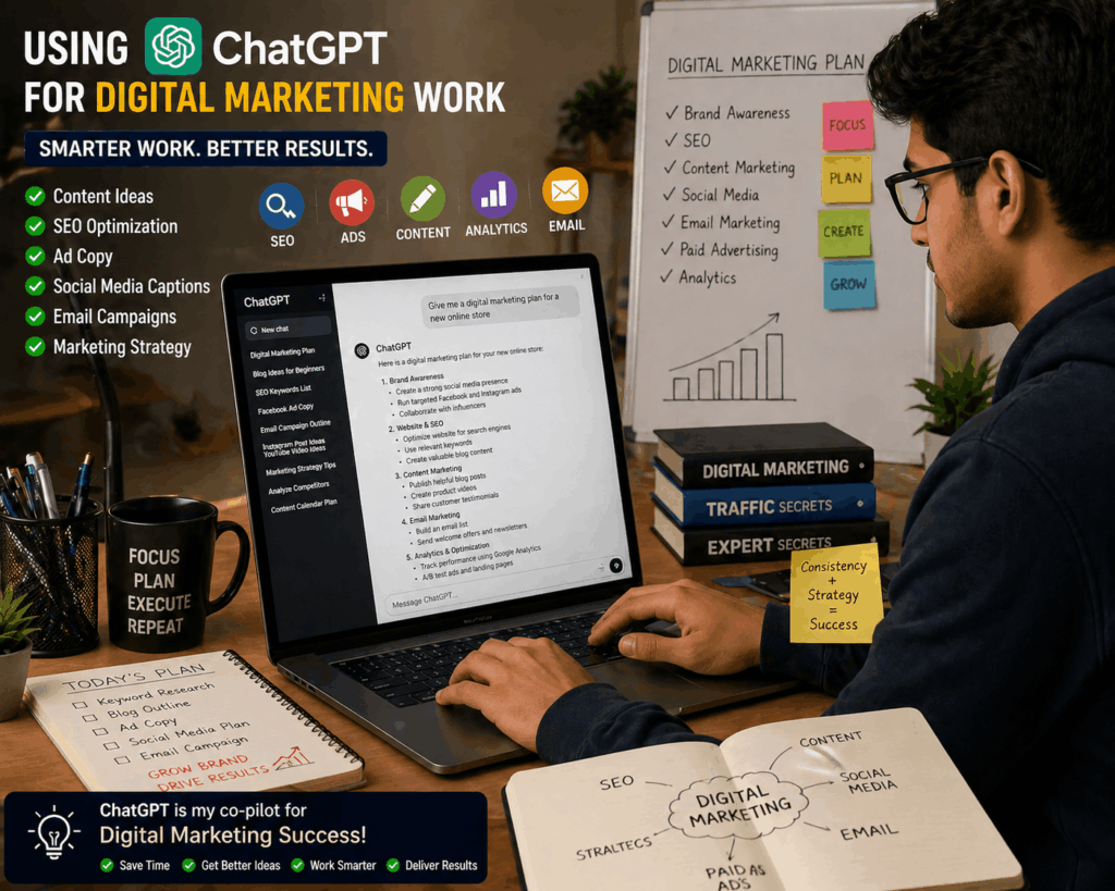 student using chatgpt for digital marketing work