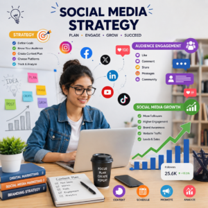 Student learning social media optimization with social media strategy, audience engagement, content planning, analytics, and social media growth dashboard
